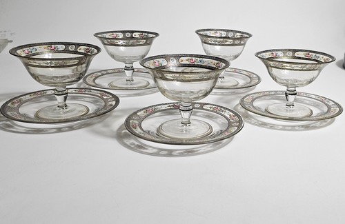 Antique Clear Glass hand Painted silver overlay Set of 10 pcs dessert dishes - Picture 17 of 19