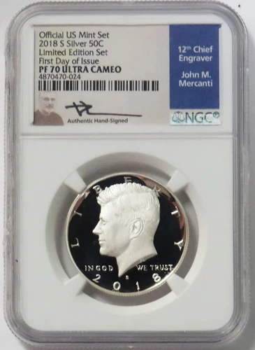 2018 S PROOF KENNEDY HALF SILVER MERCANTI SIGNED LIMITED EDITION FDOI NGC PF 70