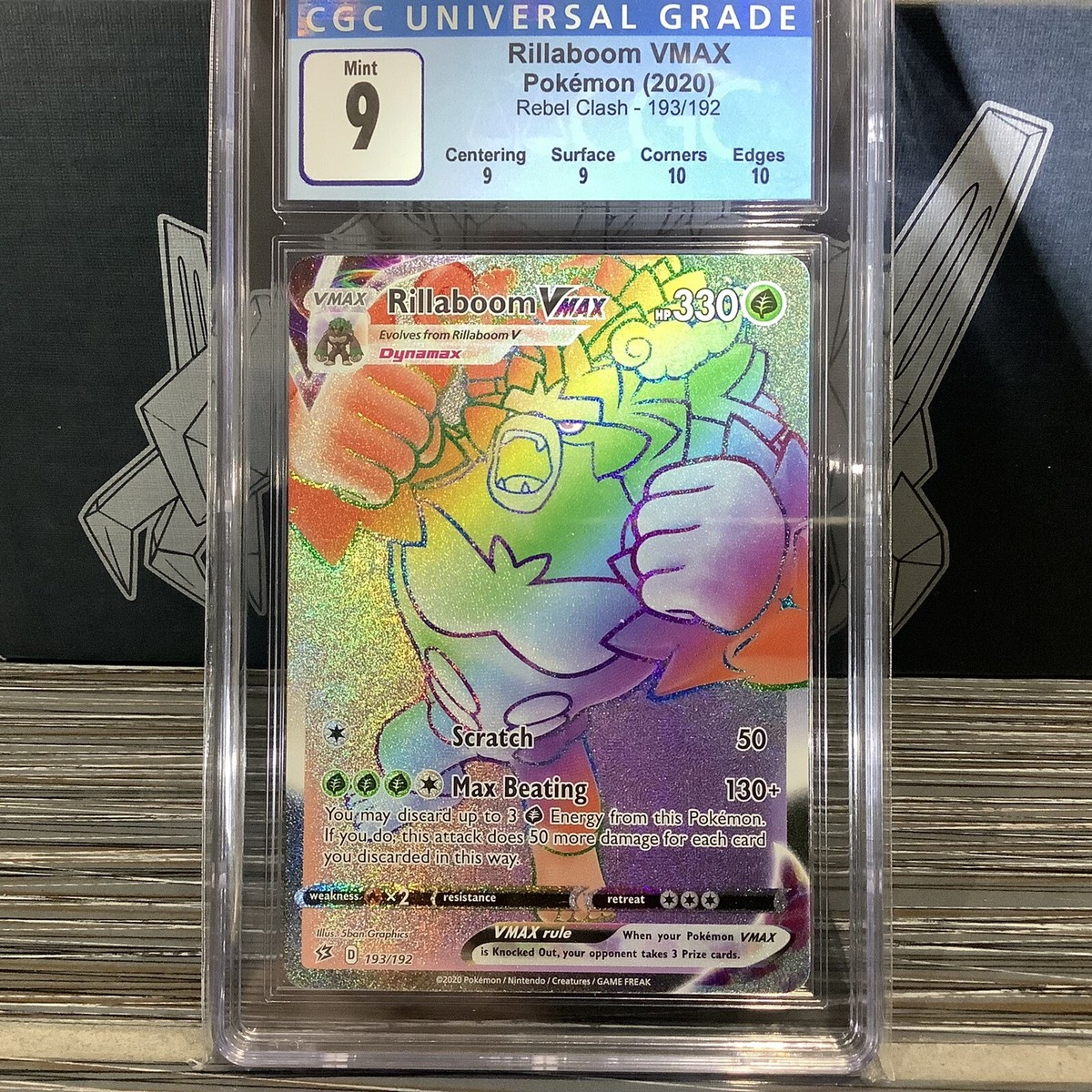 Pokemon Rillaboom VMAX 193/192 (Rainbow Secret Rare) - Rebel Clash - CGC 9 MINT Pokemon Rillaboom VMAX 193/192 (Rainbow Secret Rare) - Rebel Clash - CGC 9 MINT