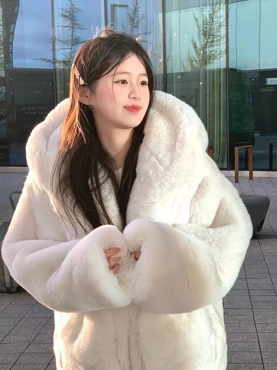 Faux Rex Rabbit Fur Hooded Fur Jacket Women's Mid Length Loose