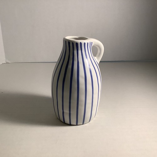 IKEA Small Ceramic Bud Vase Handled Jug Cobalt Blue & White Stripes Swedish Boho - Picture 18 of 18