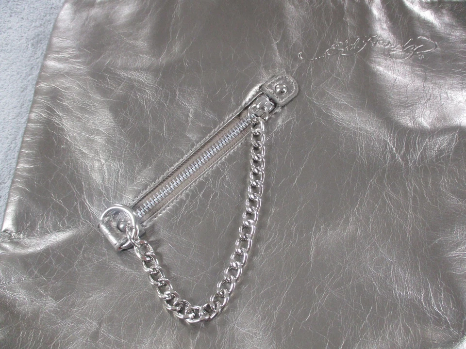 Ed Hardy Womens Large Platinum Silver Tote Bag Chain Charm Outer Zip Pocket EUC - Image 2 of 4