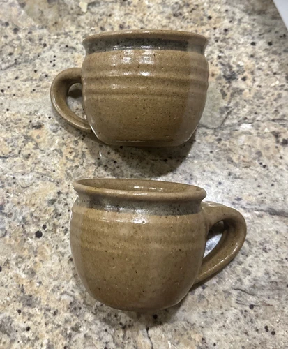 2 Pottery Stoneware Cups Mugs Stoneware Coffee Tea Rustic Brown Blue Trim
