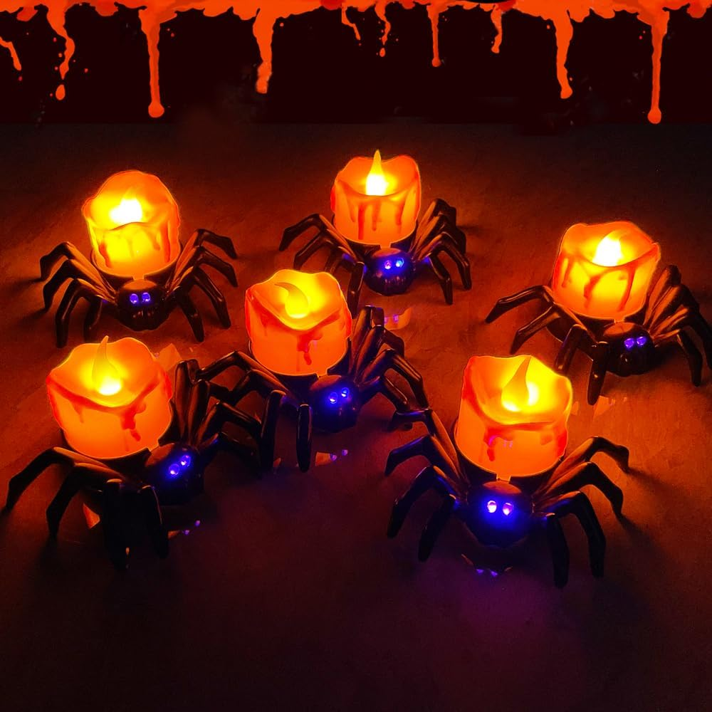 6 Pack Halloween LED Candle Lights with 3D Spider Tealight Effect