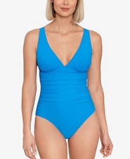 Swim Solutions Women's Tummy-Control Plunge Mio One-Piece Swimsuit, Blue, 14