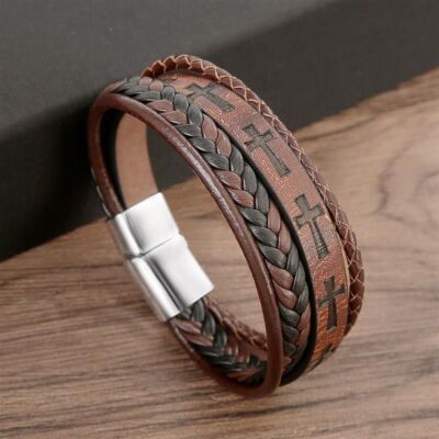 Cross Leather Bracelet – Hand-Woven Multilayer Men's Accessories