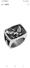 MENS HEAVY SILVER PLATED STAINLESS STEEL PATRIOT RING. SIZE 9. EAGLE AND FLAG