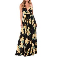 Fashion Nova Floral Maxi Dress Norah Black Yellow Size Small Tropical Vacation