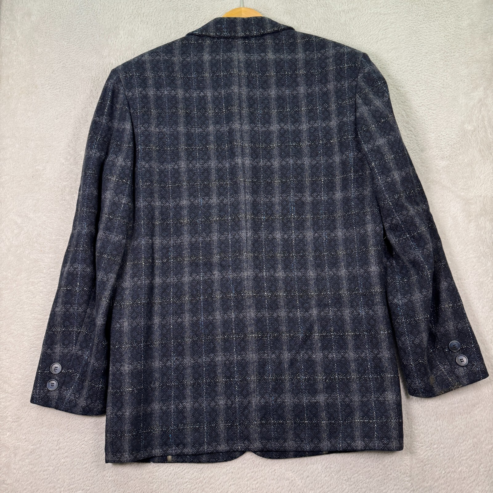 VINTAGE Lanvin Sport Coat Mens Medium Tall Blue Check Tweed Classic Fit Preppy