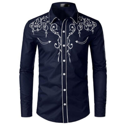 Mens Retro  Western Cowboy Shirt Long Sleeve Embroidery Casual Buttons DownShirt