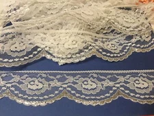 5 YARDS! VTG SCALLOPED FLORAL LACE W/ SPARKLY SILVER BORDER TRIM 2” WIDE “WHITE”