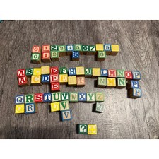 Vintage 62 Wooden Alphabet Number Blocks Toddler Educational Learning Toy Lot