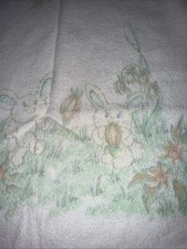 Vintage White Baby Blanket Bunnies Garden Satin Trim Cottage- READ