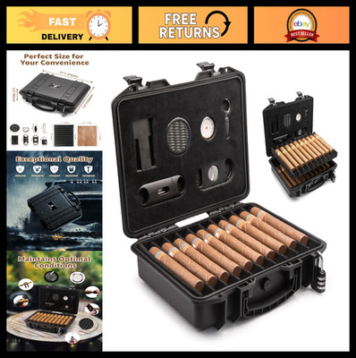 Lockable Waterproof Cigar Humidor Case - Crushproof Airtight Travel Kit Holds 20