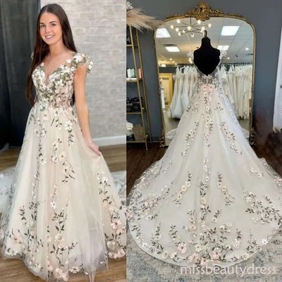 Elegant A-Line Wedding Dress V-Neck Cap Sleeves Colorful Embroidered Bridal Gown