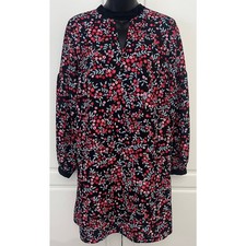 Loft Floral Berry Shift Dress Velvet Trim Keyhole Neckline Blouson Sleeve Size S