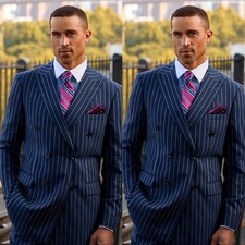 Navy Blue Striped Men's Suits Double Breasted Peak Lapel Formal Wedding Tuxedo