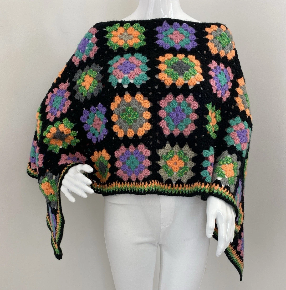 Hand Knit Crochet Poncho One Size Fits Up To 12 Colourful Acrylic Granny Squares