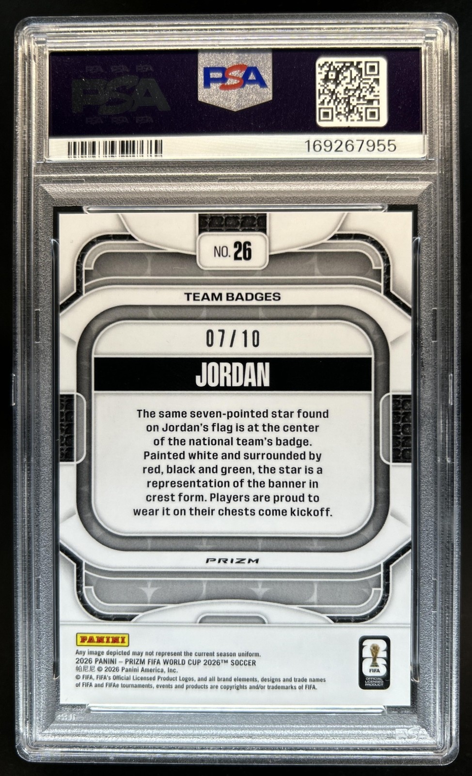 2026 Panini Prizm World Cup Jordan Team Badges Gold #/10 NT PSA 9 view 2