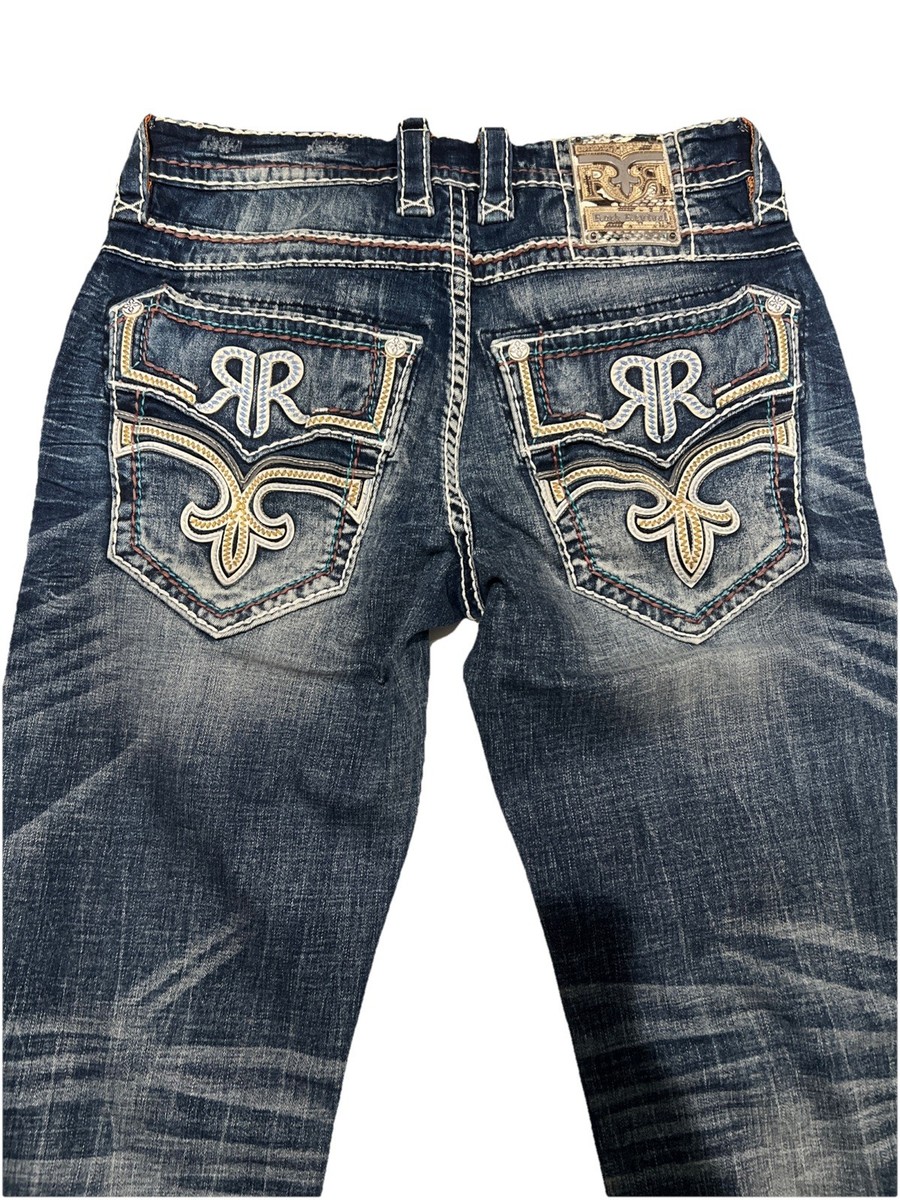 Mens Rock Revival Jean BREXTON 36x32 Straight Leg Blue Wash White