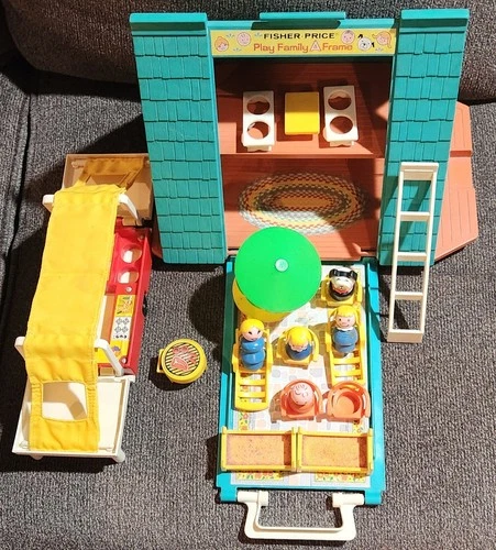 Vintage Little People Play Family A Frame House #990 Ladder + Camper BBQ Chairs