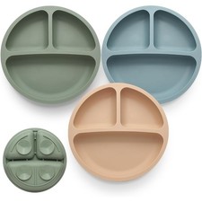 3 Pack Divided Suction Plates for Toddlers and Babies, 100 Silicone
