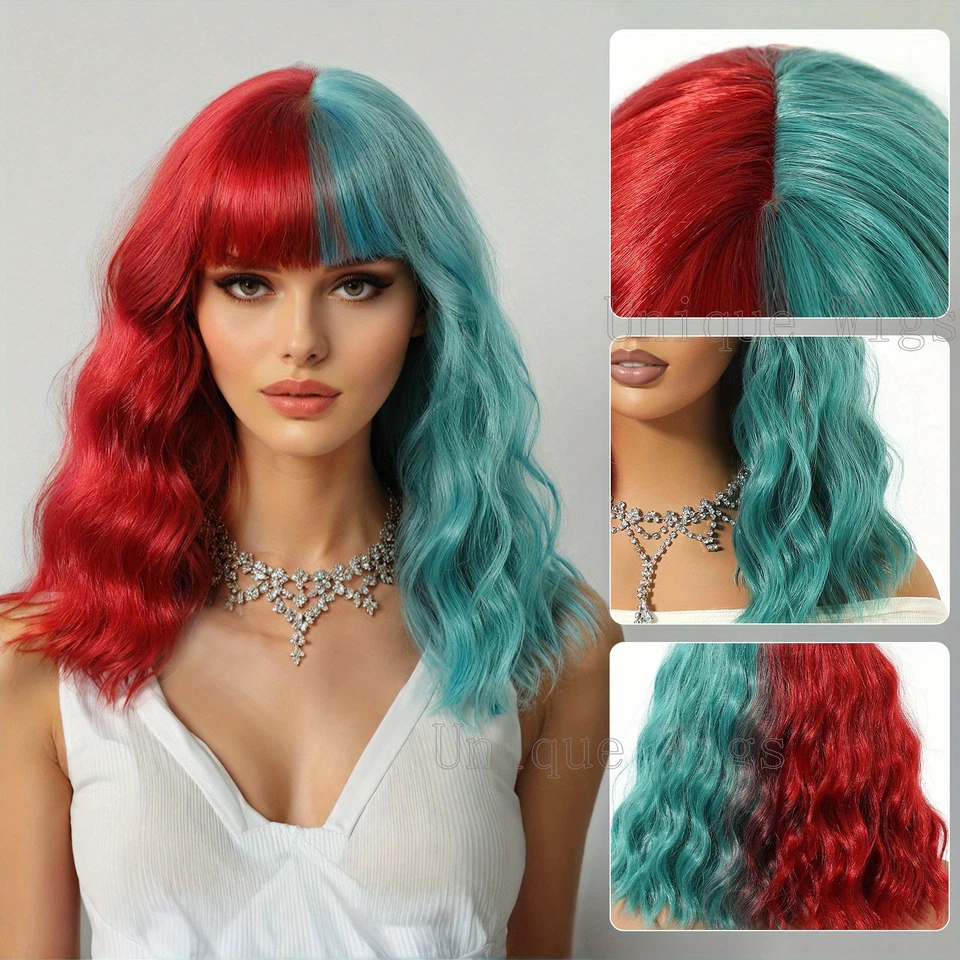 12 дюймов рождественский красный бирюзовый волнистый парик Bob челка синтетические волосы парик для женщин косплей - Изображение 4 из 4
