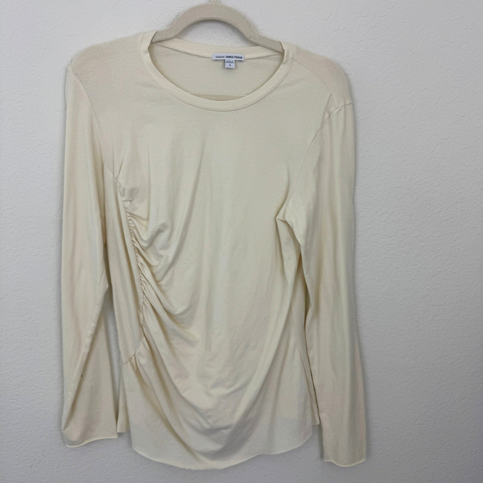 James Perse Womens Long Sleeve Ruched Size T Shirt Top Size XL Lightweight Cream