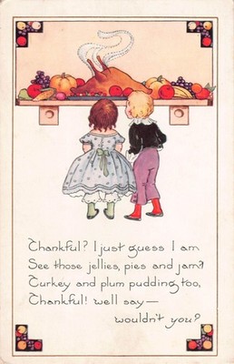 Children Admiring Steaming Turkey & Food-Old Art Deco Whitney Thanksgiving PC