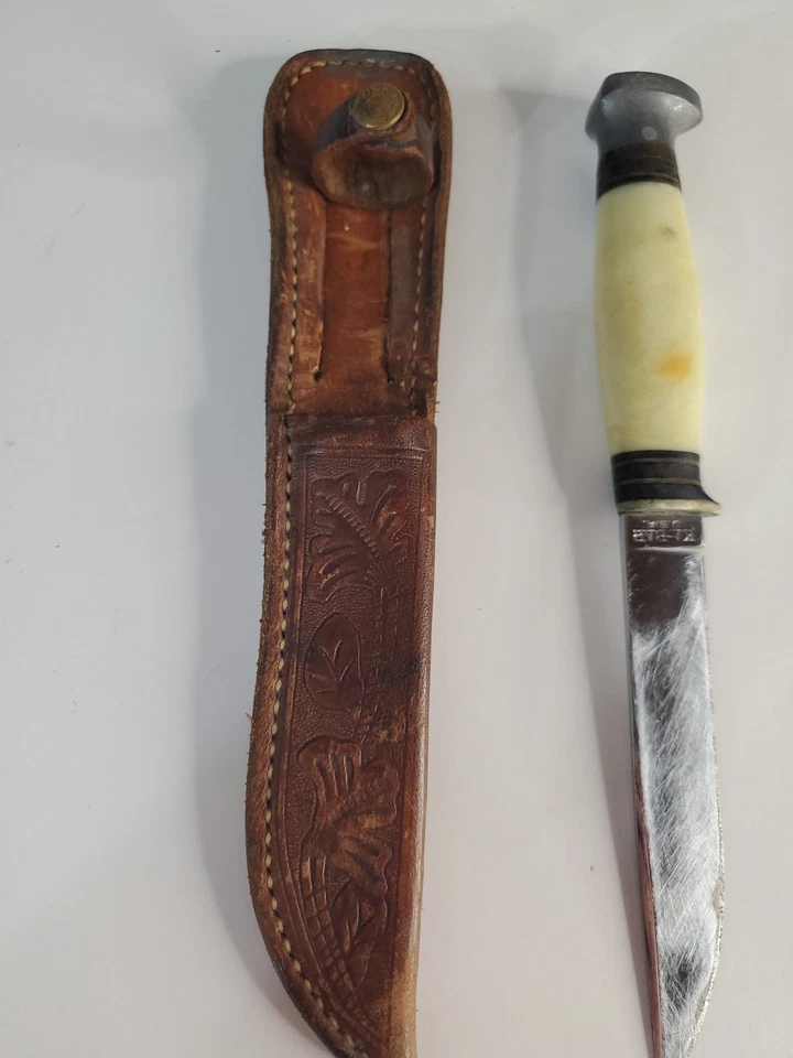 Cuchillo de hoja fija con mango de celuloide amarillo KABAR 7,5" EE. UU. Ka-bar raro de colección Foto 4 de 4