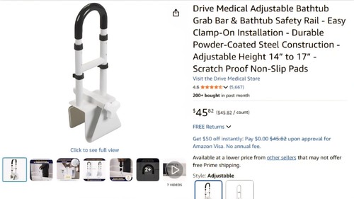 Drive Adjustable Clamp-On Bathtub Safety Rail Non-Slip Powder-Coated Steel