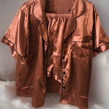 Satin Pajamas Short Set L Copper Black Trim Short Sleeve Button Up Waist 35  