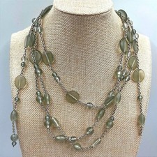 Vintage Long Multi Strand Seafoam Beads Necklace Green Silver Tone Layered Chain