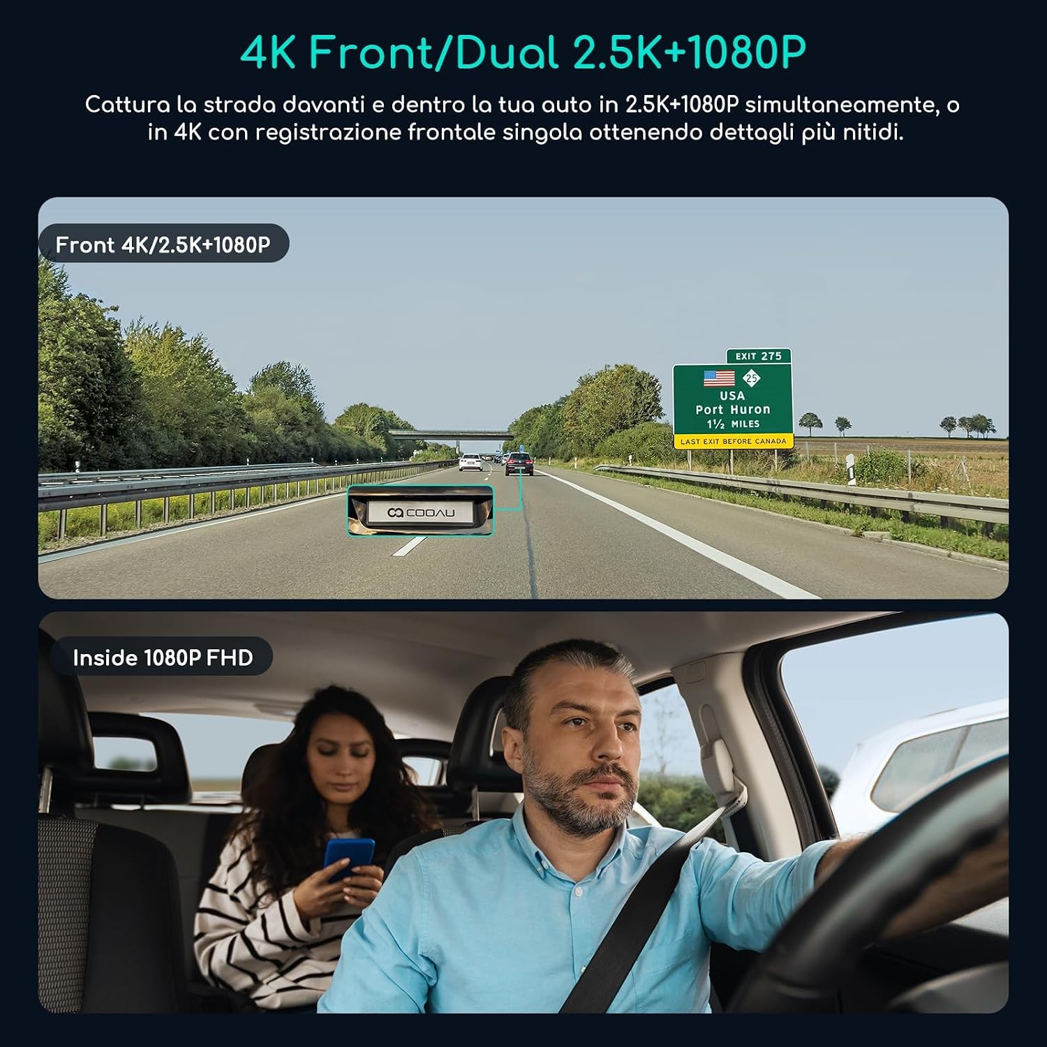 Cooau D30s 4K Dash Cam Auto con GPS WIFI - Doppia Dashcam Auto Anteriore e Inte - Miniatura 3