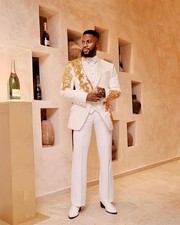 Men White Formal Luxury Party Prom Tuxedo Wedding Prom Suit With Golden Beading