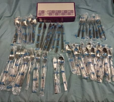 NOS VTG MCM Stanley Roberts Stainless Flatware Set Burguntine Velvet 50 Pc Lot