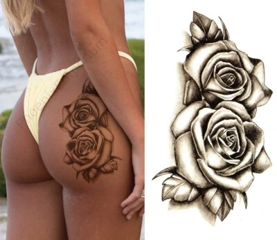 Temporary Tattoo Large Black Double Rose Flower Fake Body Art Sticker Waterproof