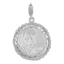 21 mm Sterling Silver Rope Edge 5 Cent Coin Prong Back Bezel Pendant, Box Chain
