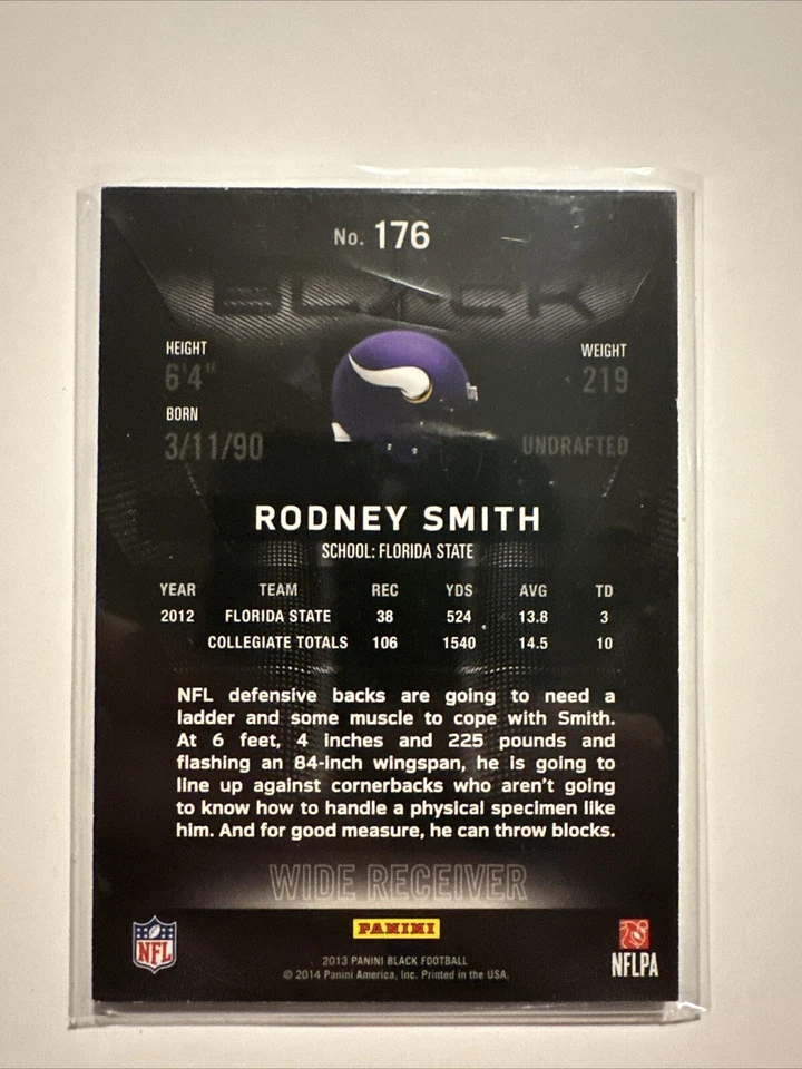 2013 Panini Black /399 Rodney Smith #176 Rookie RC Vikings Football Card - Image 2 of 3