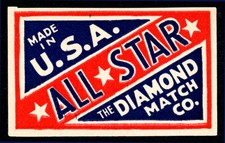 ALL STAR - THE DIAMOND MATCH CO ๐ฅ VINTAGE MATCHBOX LABEL ๐ฅ MADE IN USA