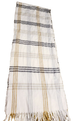 Italian Cejon Women's Scarf White Ivory Cream Plaid Soft 11'' x 58''in