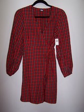 NWT - Old Navy Plaid Wrap Dress, V-Neck, Puff Sleeves - Size S