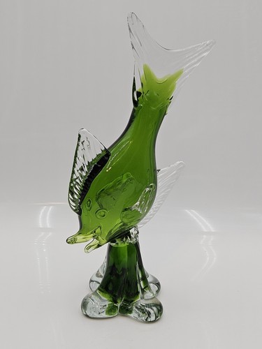 14.5 Inch Green Hand Blown Glass Fish Big Lips Hollow Inside Clear Base Heavy - Picture 6 of 9