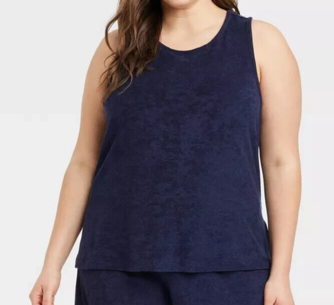 Women's Terry Cloth Tank Top - A New Day Navy Blue Size 1X