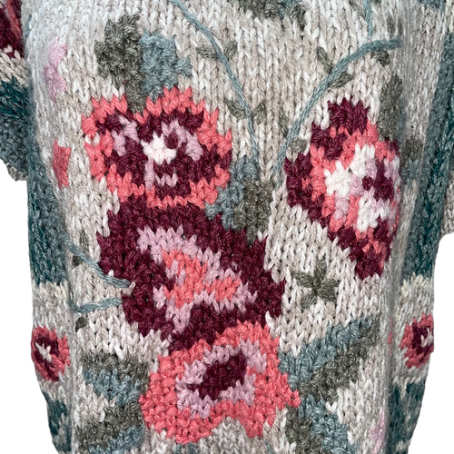 Vintage 1980s Hand Knit Linen Blend Embroidered Oversized Flowers Sweater Tunic - Picture 5 of 10