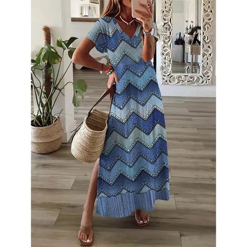 Summer Women Loose Casual Fashion Print Short Sleeve Long Split V-Neck Dress - Picture 11 of 12