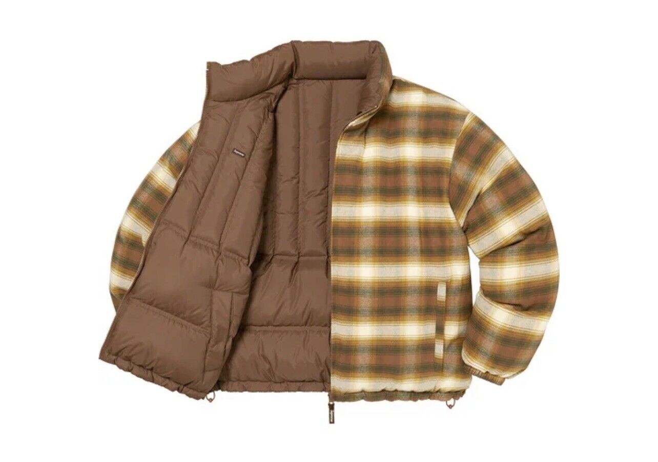 Supreme Flannel Reversible Puffer Jacket Brown Size XXL FW22