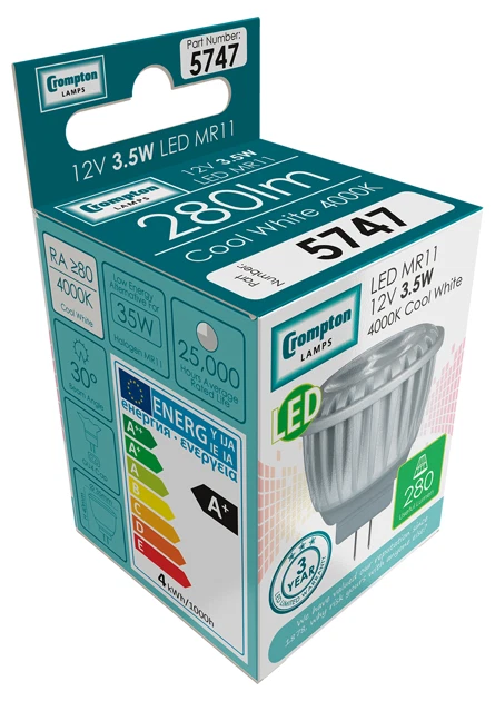 Crompton MR11 GU4 4w (35w) 12v Spot Bulb, 2700k/4000k, Non Dim, 380LM, 36 Degree - Image 2 of 4