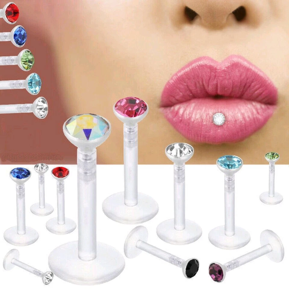 10 peças piercing labial Labret Monroe 16g ajuste de prensa CZ Bioflex push-in 2mm gema  - Imagem 2 de 4