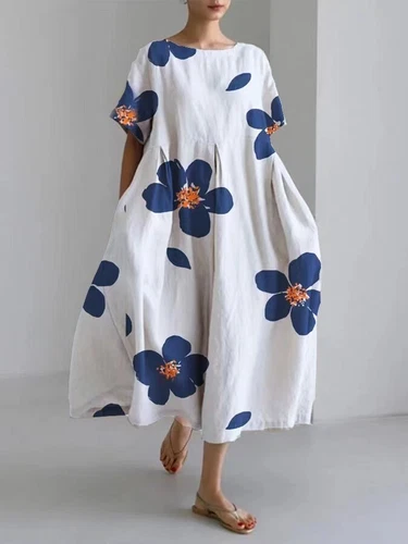 Damen Retro Rundhalsausschnitt Druck Kurzarm Rock Sommer Locker Lang Maxikleid - Bild 11 von 21